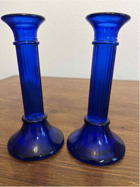 Pair of Cobalt Blue Glass Candlesticks 7” Ambria Candle Holders Modern Taper